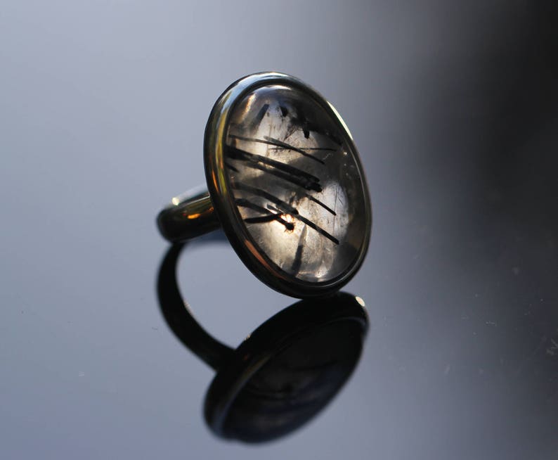 Large Oval Tourmalated Quartz Ring, Size 7, Black Tourmaline Ring, Black Rutile Rutilated Quartz, Black Schorl image 2
