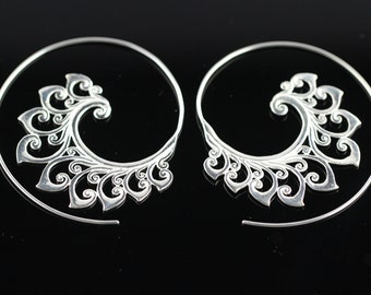 Silver Plated Brass Ethnic Design Earrings, Lightweight Spiral Hoop Boho Style, Silver Spirals