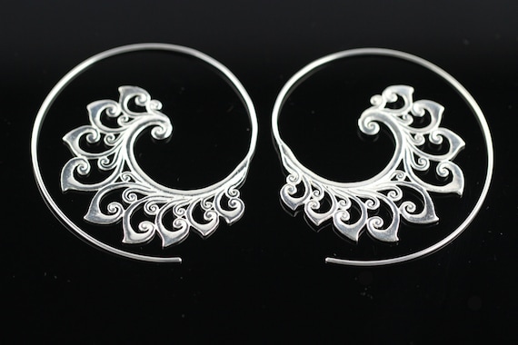 Silver Plated Brass Ethnic Design Earrings, Lightweight Spiral Hoop Boho Style, Silver Spirals