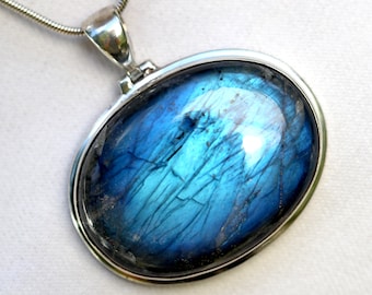 Large Deep Blue Labradorite Pendant, Handcrafted Solid Sterling Silver, High Quality Select Semi Precious Gemstone, East West Setting