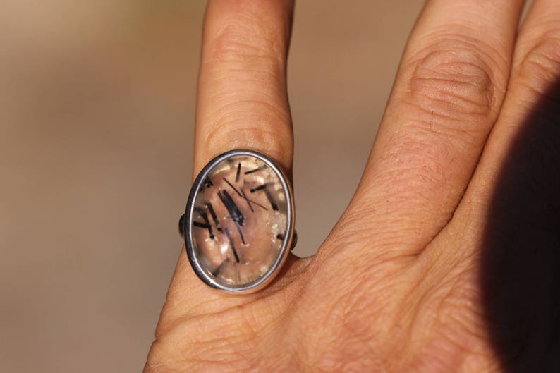 Large Oval Tourmalated Quartz Ring, Size 7, Black Tourmaline Ring, Black Rutile Rutilated Quartz, Black Schorl image 4