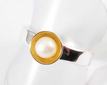 Anillo de perlas de agua fresca con ribete Vermeil de oro cepillado, plata de ley sin níquel, anillo de copa de perla, joyería de piedra preciosa, anillo de diseñador