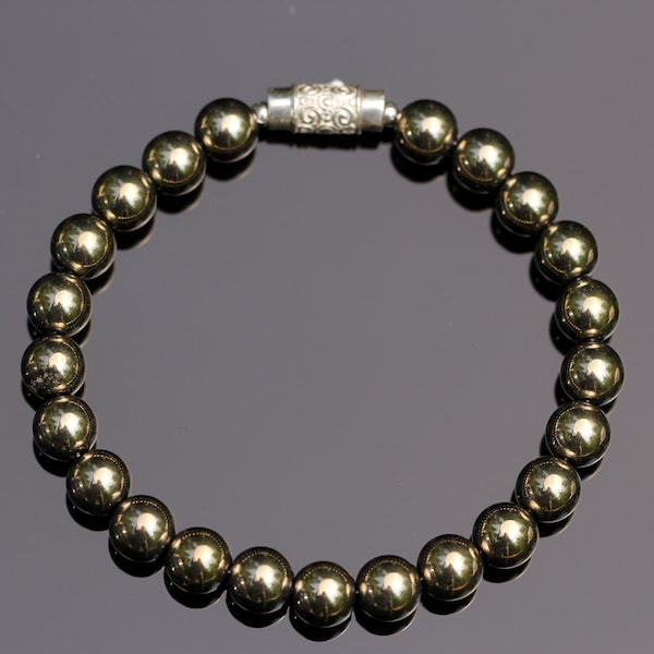 Iron Pyrite Bracelet With Sterling Silver Box Clasp, Round Smooth Cut 8 mm Beads, Bright Gold Shine, Fixed Size, One handed Operation