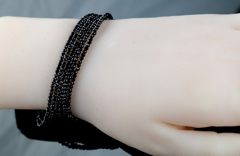 Multi Wear 42 Length Black Spinel Wrap Bracelet/ Long Double Necklace, Sterling Silver Findings, Bright Mirror Black Sparkle image 5