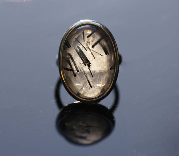 Large Oval Tourmalated Quartz Ring, Size 7, Black Tourmaline Ring, Black Rutile Rutilated Quartz, Black Schorl