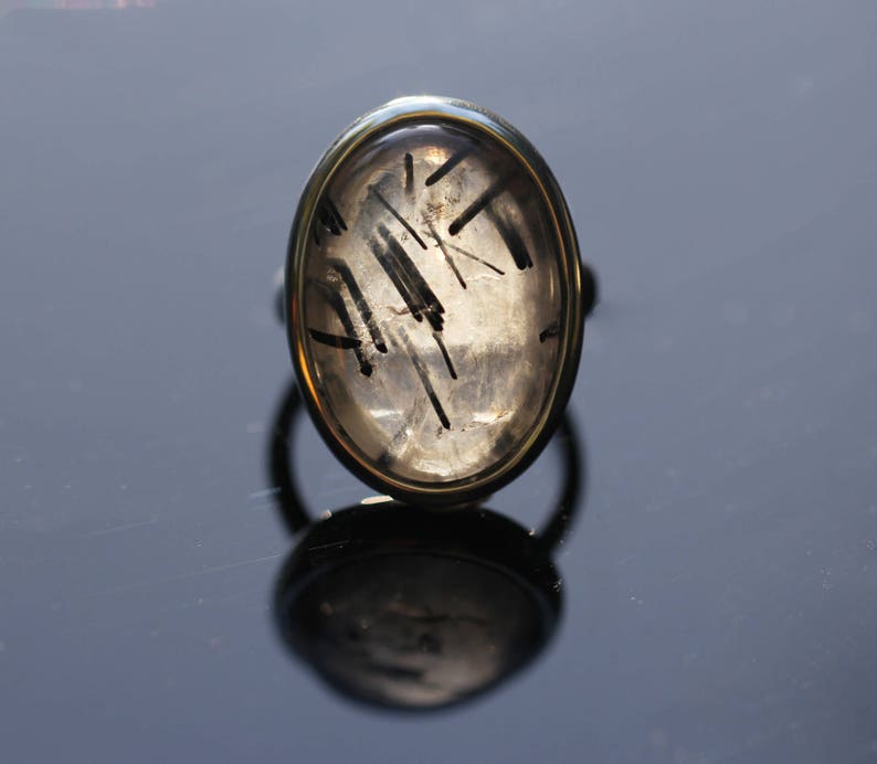 Large Oval Tourmalated Quartz Ring, Size 7, Black Tourmaline Ring, Black Rutile Rutilated Quartz, Black Schorl image 1