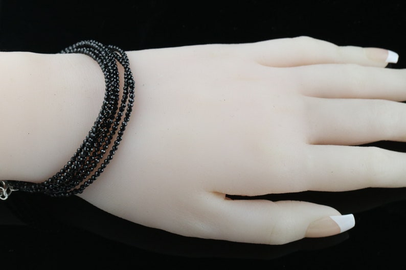 Multi Wear 42 Length Black Spinel Wrap Bracelet/ Long Double Necklace, Sterling Silver Findings, Bright Mirror Black Sparkle image 4