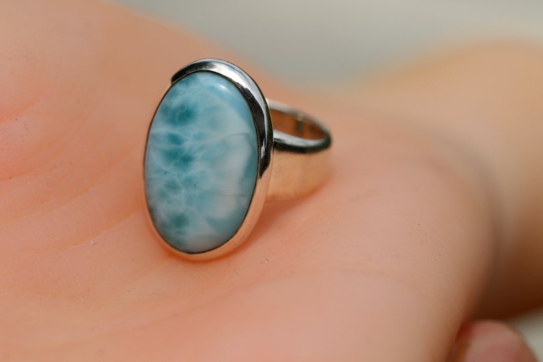 Small Oval Larimar Ring In Sterling Silver, Adjustable Size, Handmade Bezel Set, Rare Dominican Republic Stone, Natural Blue Caribbean Color image 1