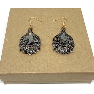 Black Rhinestone Ornate Dangle Earrings, Black Rhinestone Pendant Dangle Earrings, Black Rhinestone Earrings, Rhinestone Dangle Earrings,