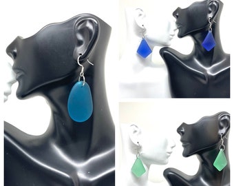 Recycled Sea Glass Dangle Earrings, Natural Sea Glass Dangle Earrings, Sea Glass Dangle Earrings, Sea Glass Earrings, Frosted Glass Earrings