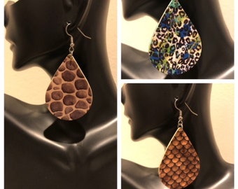 Faux Leather Animal Print Teardrop Dangle Earrings, Animal Print Earrings, Faux Leather Earrings, Teardrop Earrings, Dangle Earrings