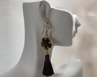 Tiger Eye Tassel Earrings, Tiger Eye Connector Earrings, Tiger Eye Earrings, Tassel Earrings, Brown Tassel Earrings, Silk Tassel Earrings