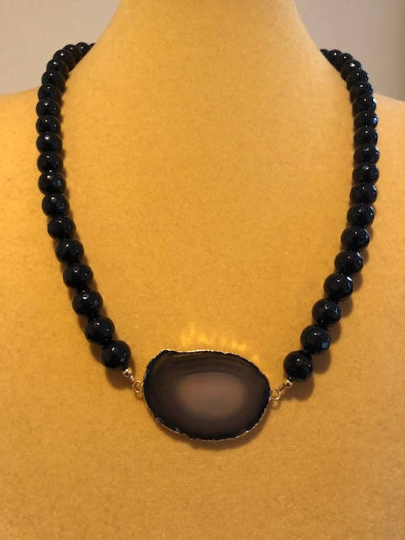 Agate Necklace Faceted Black Onyx Necklace Black Agate Geode Slice Necklace Geode Slice Necklace Black Agate Necklace Geode Necklace