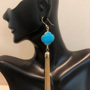 Turquoise Gold Chain Tassel Earrings, Turquoise Tassel Earrings, Gold Tassel Earrings, Turquoise Clover Connector Earrings, Dangle Earrings