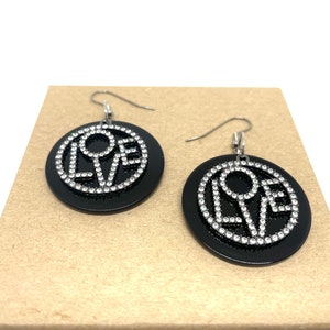 Love Rhinestone & Black Acrylic Charm Earrings, Love Charm Earrings, Love Pendant Earrings, Rhinestone Charm Earrings, Pendant Earrings