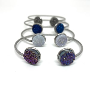 Druzy Cabochon Stainless Steel Twisted Bangle Bracelet, Druzy Cabochon Bracelet, Druzy Flexible Bangle Bracelet, Druzy Bangle Bracelet