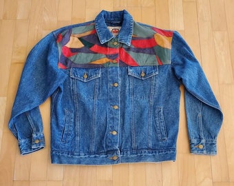 Patchwork leather denim jacket 80's vintage classic denim trucker's jacket women's oversized medium men's medium blue creek jeans brand