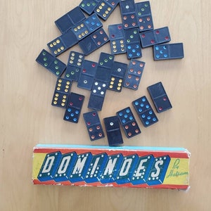 Vintage Halsam Dominoes Set: 1960s Wooden Tiles, Skyscraper Etched