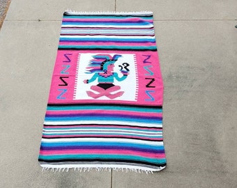 Vintage Mexican Serape Blanket: Aztec Design, Vibrant Fuchsia Turquoise