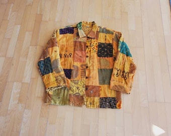 Indian Patchwork Quilted Jacket: Mirrored Applique, Elephant Theme (XL)