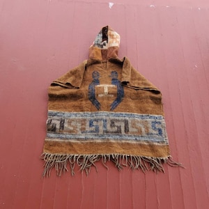 Handwoven Wool Blanket Poncho: South American Bird Motif Hooded Wrap