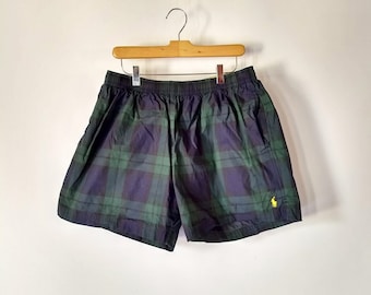 Polo Sport Ralph Lauren Plaid Swim Trunks 90s Era Short Preppy Style Size Mens XL Elastic Waist With Draw String Has Pockets Back Pocket