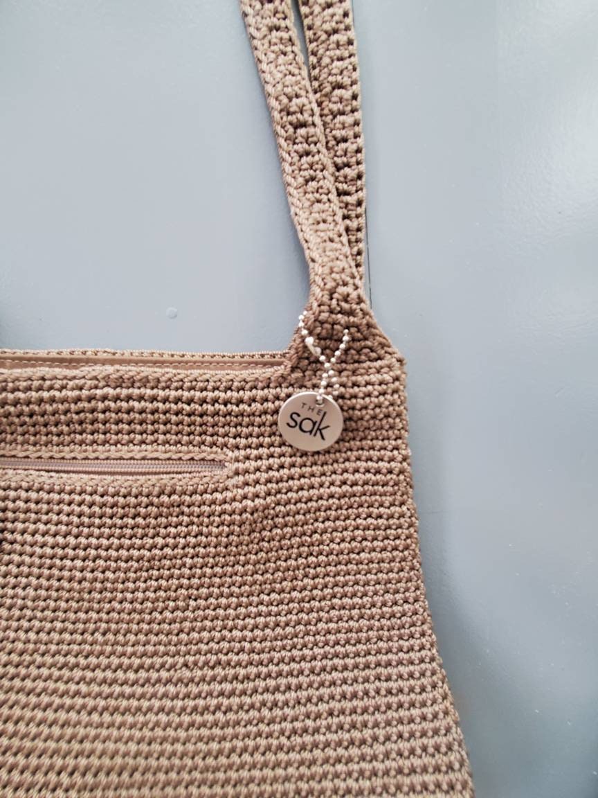 The Sak Crochet Shoulder Bag 90 s Vintage Dark Tan Metal Hang Tags Top Zip 3 Compartments the Sak Bag Etsy Canada