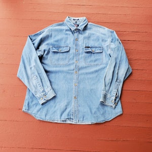 Dickies Denim Shirt Button Down Work shirt light wash jean shirt denim oxford men&#39;s shirt size XL faded perfectly boyfriend shirt