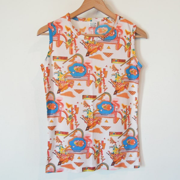 Stretch Polyester Shirt Sleeveless 1960's Miss K Geometric 60's mod Print Mid Century Print Size Medium Women's Vintage Top