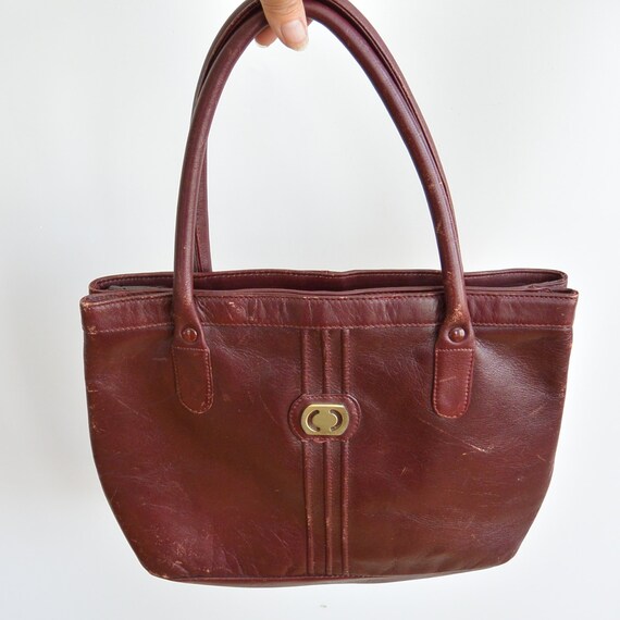 Burgundy Leather Handbag Carriage Court 70's Era … - image 5