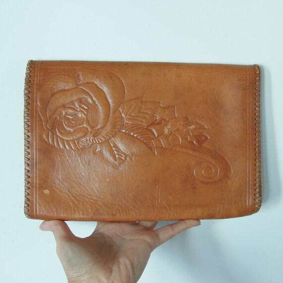 Hand Tooled leather Clutch 10"/7" Purple interior… - image 2