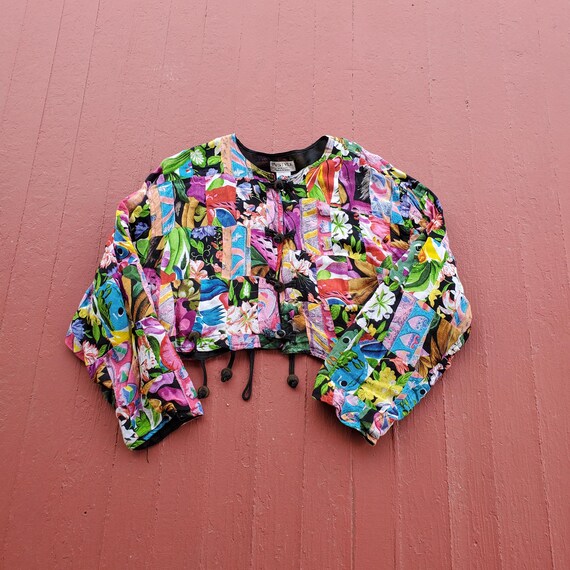 Floral Patchwork Cropped Rayon Jacket: Metal Coin… - image 7