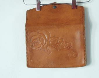 Hand Tooled leather Clutch 10"/7" Purple interior vintage 70's weathered Envelope Style Snap Closure Leather Stitched Edge  Two Comparatment