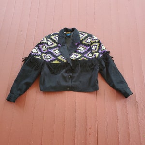 Modi Denim Sequin jacket rare find 80's vintage leather fringe shoulder pads V neck two snap closure lined