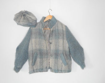 Irish Mohair Coat with Hat Two piece set Donagal Design Button down Plaid Mohair Fuzzy Mock Neck Jacket with Mohair Beret Plaid Pastel Color