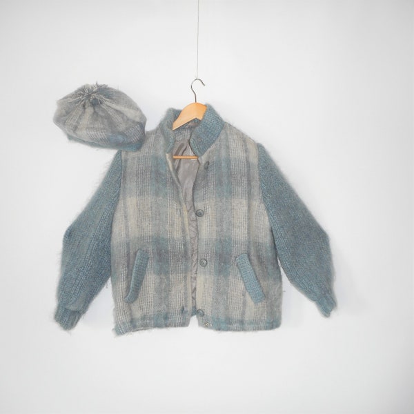 Irish Mohair Coat with Hat Two piece set Donagal Design Button down Plaid Mohair Fuzzy Mock Neck Jacket with Mohair Beret Plaid Pastel Color