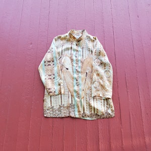 Citron Santa Monica silk blouse muted soft colors bird motif band collar size small shell buttons