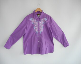 Bob Mackie Wearable Art Blouse Purple Western Embroidered Button Down Shirt Size women's XL Bob Mackie designer 90's Vintage Nice condtion