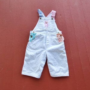 Palmetto&#39;s gingham overalls girl&#39;s size 7 80&#39;s vintage white denim overalls pastel check accents short overalls to knee