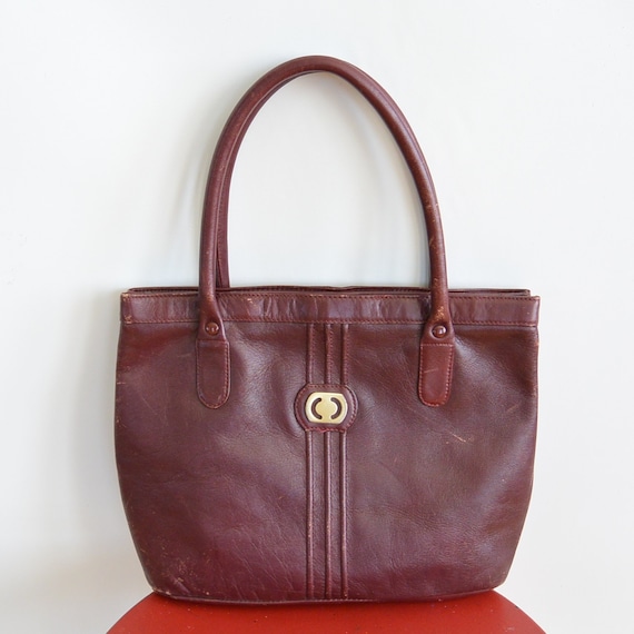 Burgundy Leather Handbag Carriage Court 70's Era … - image 1