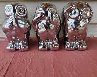 Set of three owl figurines knick knack painted silver shiny self standing little 4"  tall owl paper weights or decorative statues