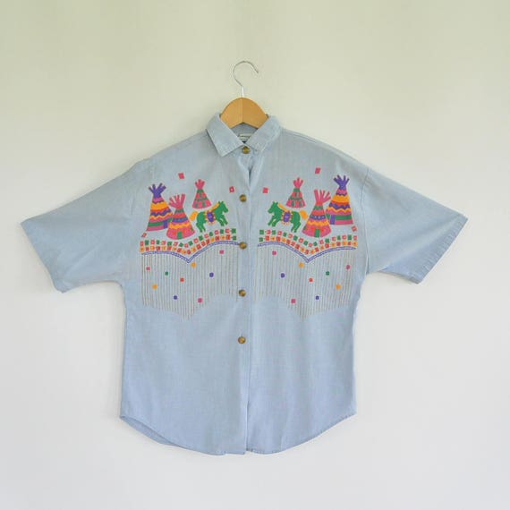 Chambray Blouse Tipi Hand Painted Native Print Hor