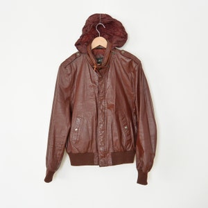 Burgundy Maroon Leather Bomber Motorcycle Jacket Hide Away Hood Men&#39;s S/M 80&#39;s Era Vintage Motorcycle Jacket with Mandarin Collar Niko Brand