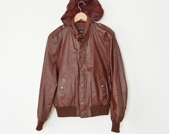 Vintage Burgundy Leather Bomber Jacket: 80s Niko Motorcycle Jacket, Hideaway Hood (S/M)