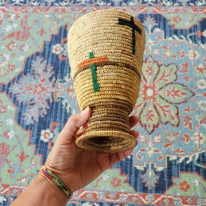 Alaskan Yupik basket grass woven Chalise holder with crosses vintage has a footed base rare beauty nice condition collectible folk art