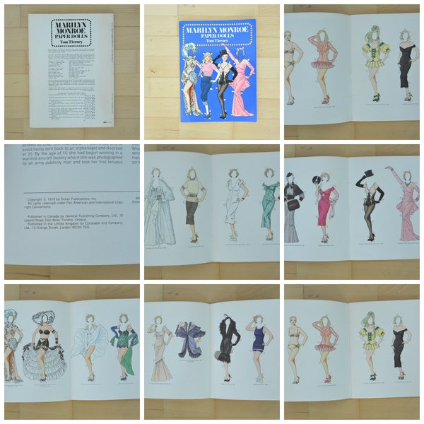 Vintage Marilyn Monroe Paper Dolls Tom Tierney 1970's Unused new Book 31 Costumes Full Color Card Stock Paper Dolls Book Dover