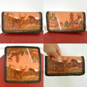 Vintage mano con herramientas de cuero cartera escena de la naturaleza con ciervos multicolor artesano hecho