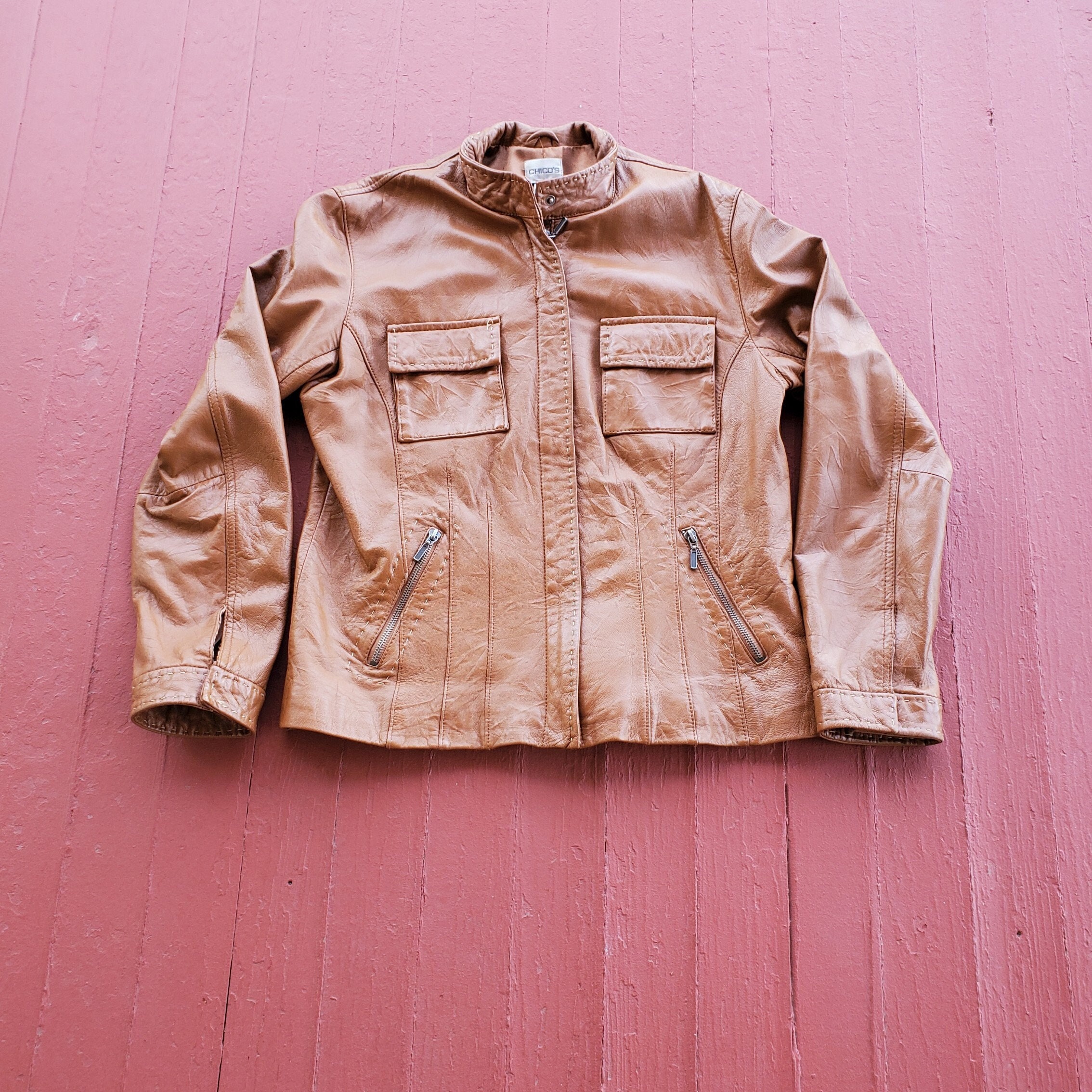 Women's Leather Jacket Banded Collar Top Stitch Caramel Women's Leather Jacket Banded Collar Top Stitch Caramel