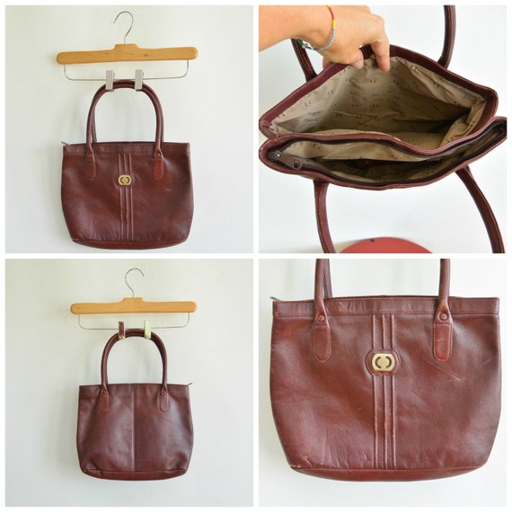 Burgundy Leather Handbag Carriage Court 70's Era … - image 3