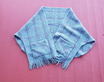 Irish Wool Blend Shawl with Pockets: Teal Purple Fringe